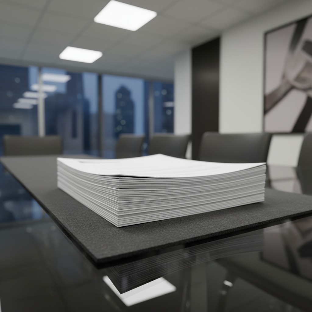 Large stack of white paper in an office boardroom.