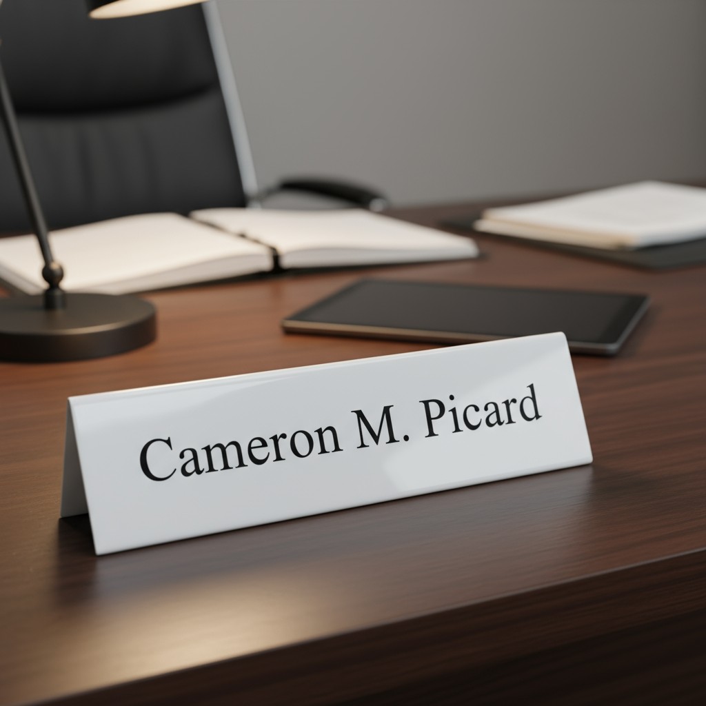 A white nameplate on a dark rosewood-colored wooden wood table and floor displaying "Cameron M. Picard".