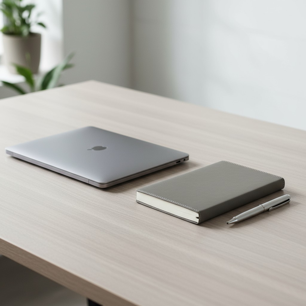 A laptop and notepad decorated in grey resting on a wooden desk.